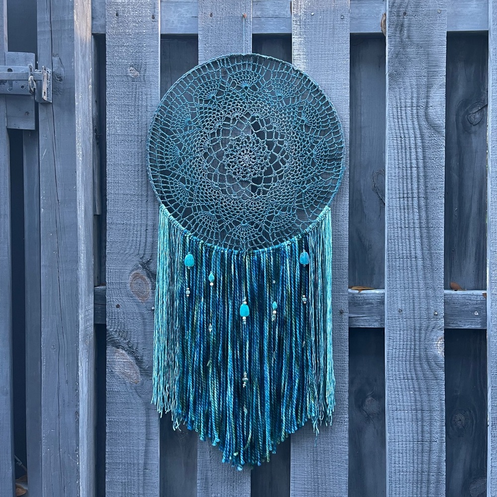 Crocheted Large Boho Teal Wall Hanging Dreamcatcher